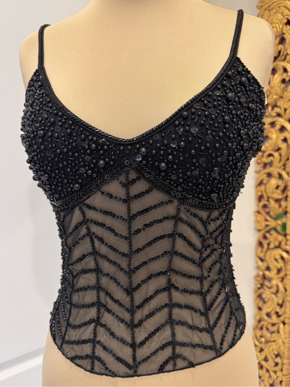 Hand Beaded Black Mesh stretch Camisole Top Attitudes by Debra